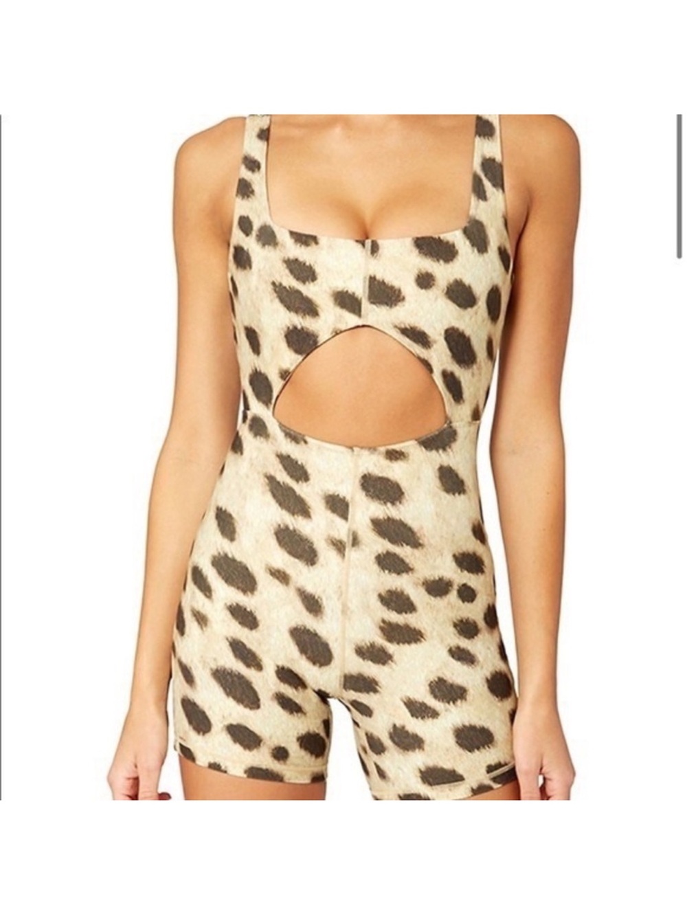 WEWOREWHAT Leopard-Print Cutout Bodysuit in Beige & Black